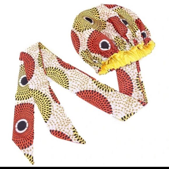 African Print Satin Bonnet With Long Ribbon Wrap - Picture 10 of 10
